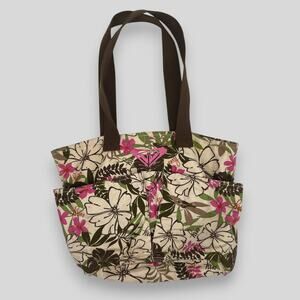 Y2k Roxy Floral Canvas Tote Bag Pink & Green Hibiscus Print